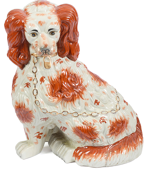 Here’s the Great Dane of Staffordshire spaniels. This oversized Staffordshire spaniel was reported to have been used as a Lord & Taylor store display in the 1950s. Standing 23