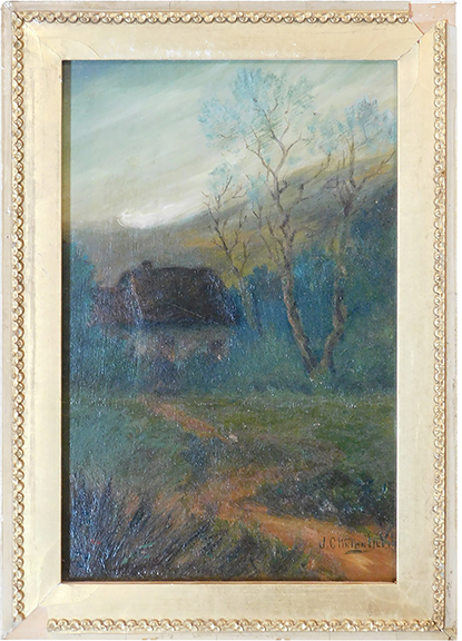 Joseph Clinton De Villis (1878-1912) was a black artist born in Brooklyn, New York. He enlisted in the Navy and used his shore leaves to study at the Louvre, in Luxembourg, and at the galleries of London. He died at the young age of 33, and his works were displayed posthumously at the New York Public Library in 1921. This moody oil on panel of a country landscape measures 9½