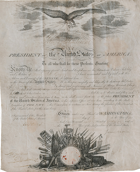 Presidential commission promoting Francis Hoyt Gregory to the rank of lieutenant, signed by President James Madison in 1814 and Secretary of the Navy William Jones, sold for $1020 (est. $800/1200).