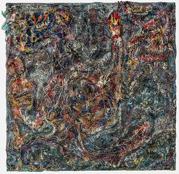 This mixed-media artwork by Thornton Dial (1928-2016), wire, gloves, cloth, and Splash Zone compound (epoxy) on canvas, is not titled but is initialed “TD” on the reverse. It sold to gallery owner Hong Gyu Shin of Shin Gallery, New York City, who was bidding in the salesroom. He paid $37,800 for the 64