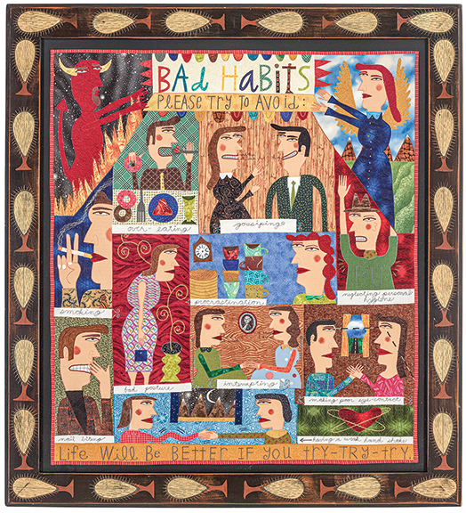 A woman bidding in the salesroom bought Bad Habits by Chris Roberts-Antieau (b. 1950) for $3780 (est. $3000/5000). The painted fabric and mixed-media collage with its original artist-made frame, 43½