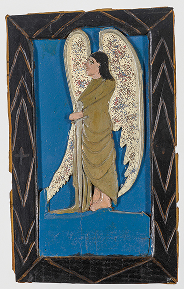 Angel of Vengeance by Elijah Pierce (1892-1984), property from the estate of Siri von Reis, sold to a phone bidder for $23,940 (est. $10,000/15,000). The enamel on carved wood, in an artist-made frame, 16¼