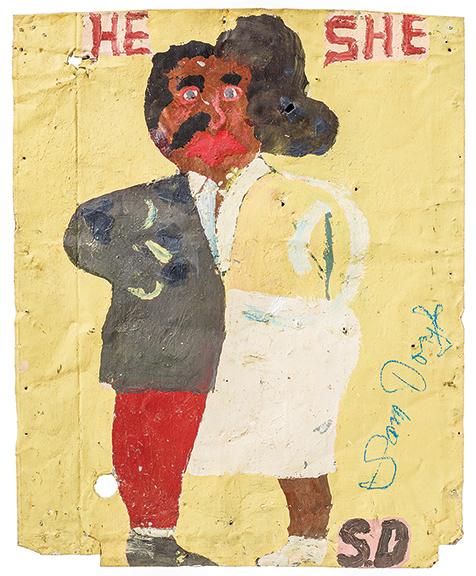 He She by Sam Doyle (1906-1986), enamel on repurposed metal siding, 37¼