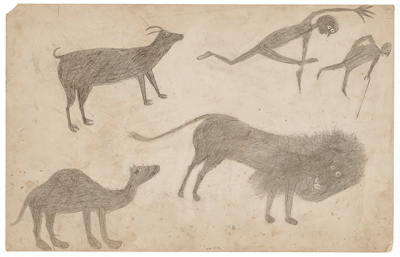 This iconic work by Bill Traylor (c. 1853-1949) sold “on the book” for $252,000 (est. $200,000/300,000). Executed circa 1939, Goat, Camel, Lion and Figures, 14