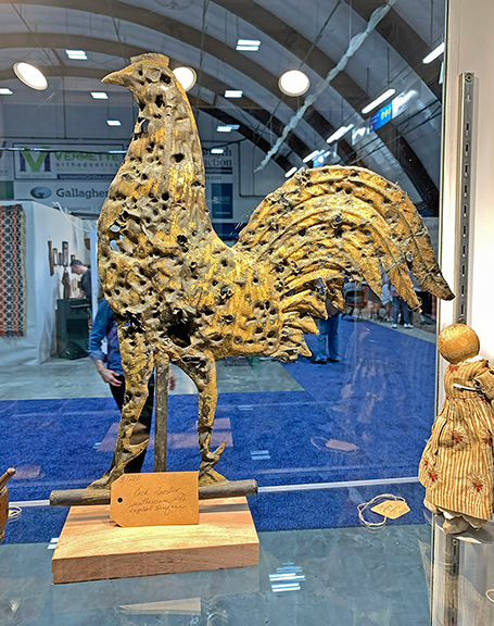 Tinkers Wagon Antiques, Flint Hill, Virginia, showed a rooster weathervane with a lace-like original surface that retains some gilding and was tagged $1200; and a New England butter tub in vivid green paint with sturdy fingers for $1500.