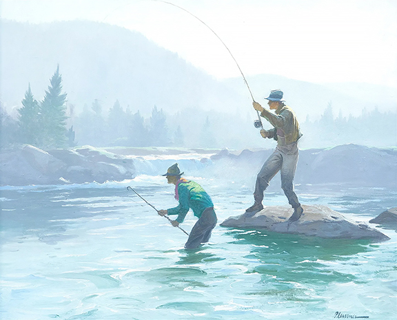 Salmon Fishing by Ogden Minton Pleissner (1905-1983) depicts the moment when the fisherman reels in the fish as the guide is poised to gaff and  net it. The fisherman, the guide, and the fishing rod all bend in the same arc toward a fish one cannot see. Estimated at $30,000/40,000, the 18