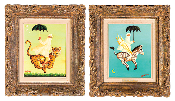 Orville Bulman (1904-1978), Easy Rider (left)and Au Clair De La Lune, 1973, oils on board, each 10
