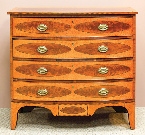 Federal inlaid satinwood and mahogany bowfront chest, signed and dated “Made in 1812 in Saco, ME,” 37