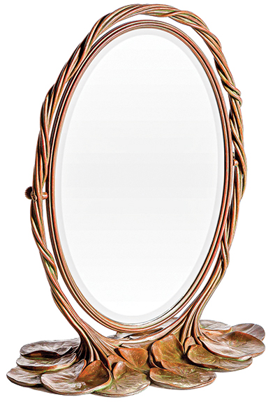 Tiffany Studios lily pad mirror, early 20th century, patinated bronze and beveled glass, with greenish-brown patina, impressed “Tiffany Studios New York,” 20