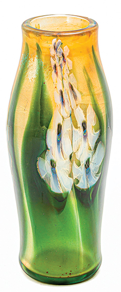 Tiffany Studios gladiolus blown-glass paperweight vase, circa 1917, inscribed “L.C. Tiffany Favrile Exhibition Piece,” numbered 1141 L, with a partial paper label, 12½