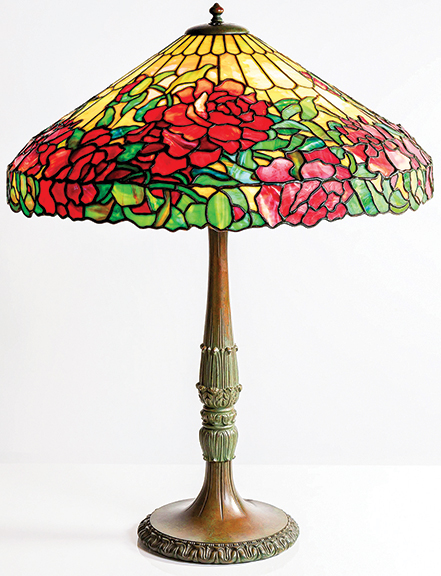 Duffner & Kimberly peony table lamp, circa 1910, leaded glass and patinated bronze, 32
