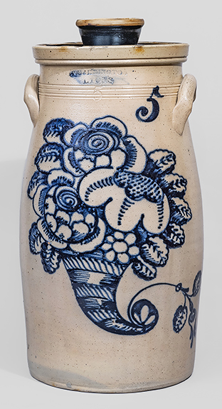In very nice condition with an impressive cornucopia design, the five-gallon stoneware churn stamped &ldquo;T. HARRINGTON / LYONS,&rdquo; New York state origin, circa 1860, sold for $42,000 (est. $30,000/50,000). As outlined by Zipp in the catalog, &ldquo;The extraordinary color of the 18&frac12;