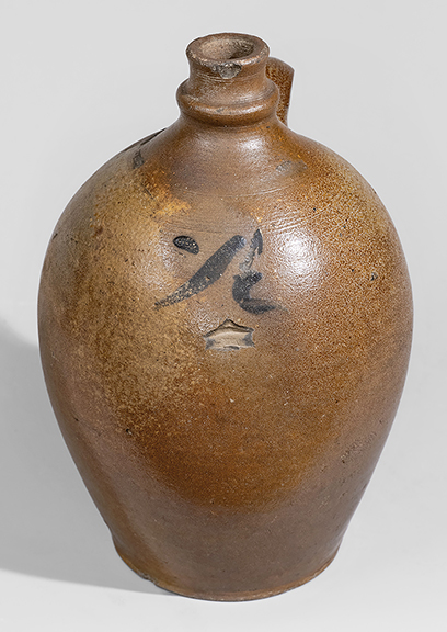 This extremely rare half-gallon cobalt-decorated stoneware jug/pottle, 10&frac14;