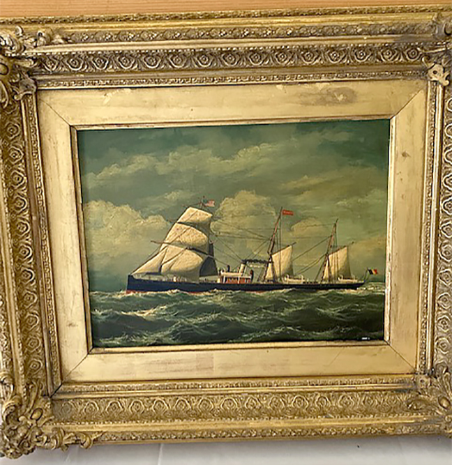 Painting of steamship with sails