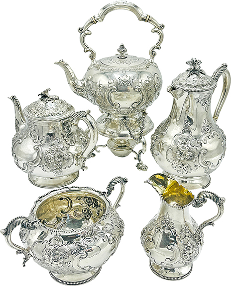 This assembled five-piece Victorian sterling silver tea and coffee service, 1863-65, by Charles and Daniel Houle, London, brought $3200 (est. $2000/3000). The brothers entered their own mark in partnership in 1845 and worked until 1884. 