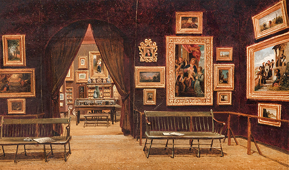 Picture Gallery of the Boston Athenaeum, 1877, by Enrico Meneghelli (1853-after 1912?), signed and dated, sold for $4480 (est. $800/1200). The oil on canvas, 13