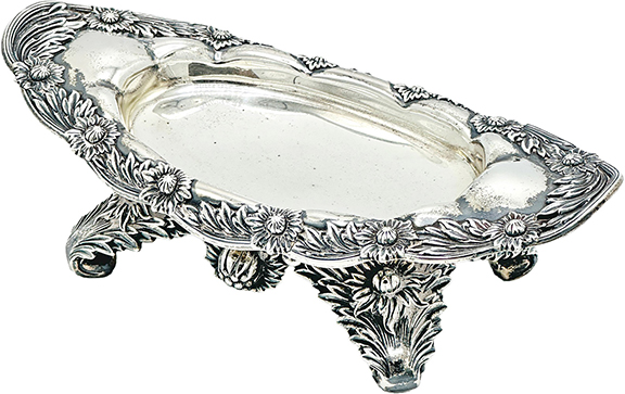 The oval sterling silver dish by Tiffany & Co. in the Chrysanthemum pattern, circa 1880, 8