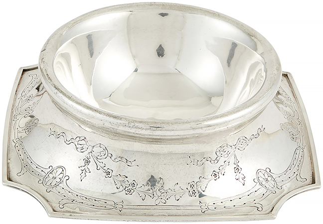 Gorham sterling silver dog bowl, 1913, from a New York estate, the circular bowl with sides that slope to a square base with cut corners, engraved with ribbon-tied floral swags, the base 8½