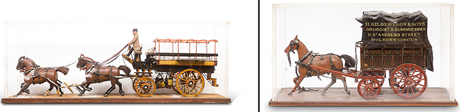 Two carved and painted wood horse-drawn wagon models from the first half of the 20th century came from the estate of direct descendants of Gertrude Vanderbilt Whitney and sold together for $2432 (est. $1500/2500). One is a passenger wagon drawn by four horses and driven by a man wearing a top hat and is 57