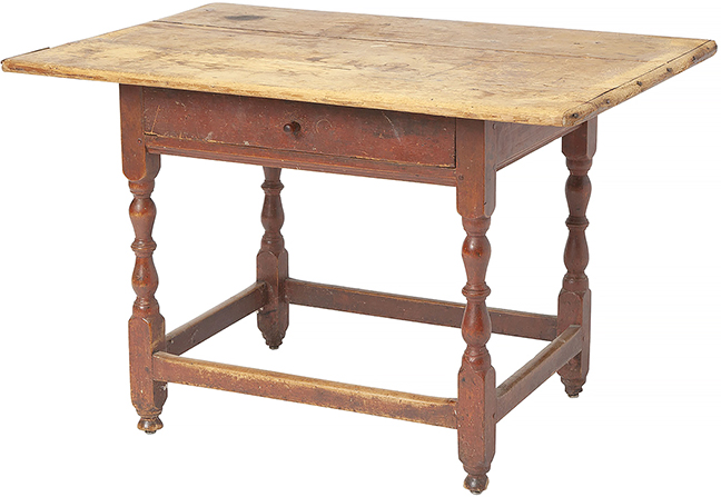 Red-painted pine and maple tavern table, probably Massachusetts, early 18th century, the two-board top with breadboard ends above a beaded apron joining turned legs, 27¼