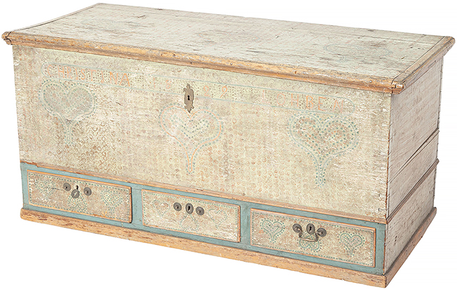 Paint-decorated yellow pine Pennsylvania dower chest, early 19th century, with a till and with three molded short drawers, the surface painted overall light blue-green with hearts and polka dots in salmon and blue, the facade lettered “Christina Lohben 1829,”  25¾