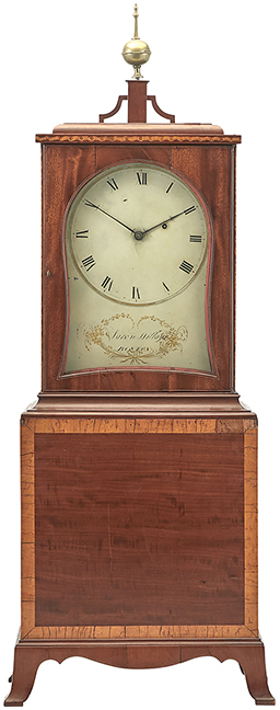 Federal inlaid mahogany shelf clock by Aaron Willard, Boston, early 19th century, the white-painted kidney-form iron dial lettered “Aaron Willard / Boston,” the hood with conforming shaped glass and mid-molding above a bird’s-eye maple cross-banded base, all raised on flaring feet, 36¾
