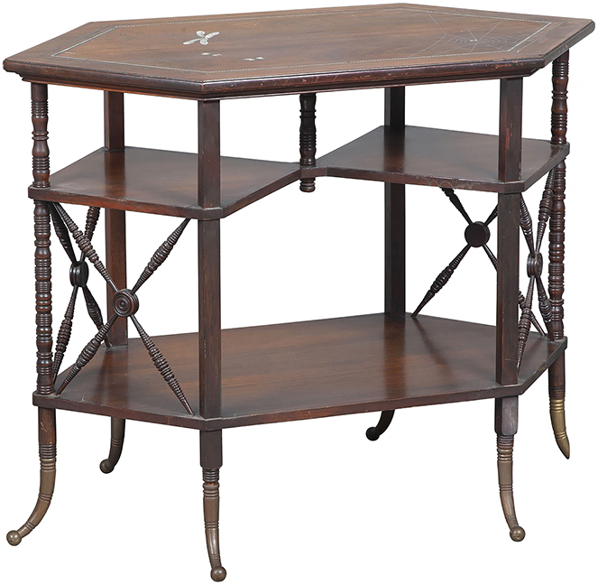 Aesthetic Movement rosewood and mixed-metal table inlaid with a mother-of-pearl spider web and other insects, attributed to A. and H. Lejambre, circa 1880, with turned supports joined by shelves and turned diagonal stretchers, on flared brass legs ending in ball feet, 28
