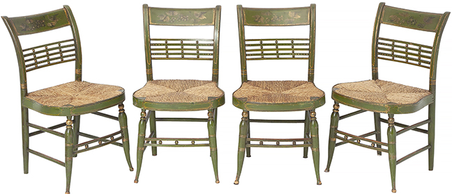 Set of four Federal fancy green-painted and gilt-stenciled compass-seat side chairs, circa 1820, the tablets with grapevines, 33
