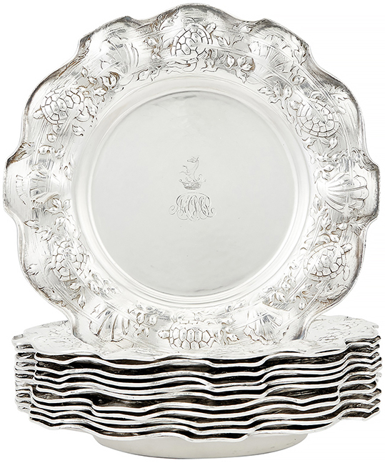 Set of 12 Gorham Martelé sterling silver terrapin soup plates, 1912, with scalloped borders with wide cavetto chased and engraved with turtles, shells, and seaweed, 8½