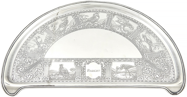 Gorham sterling silver child’s highchair tray, first quarter of the 20th century, demilune form, each panel with a different acid-etched bird, and the corners with foliate scrolls, 15