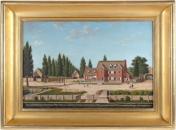 Attributed to Pennsylvania artist John Archibald Woodside, Sr. (1781-1852), View of the Mansion of Governor Thomas Fairman, inscribed “View of the Mansion of Governor Thos. Fairman, in front of which stood the Celebrated Elm-tree, under which Wm. Penn made his Treaty with the Indians,” 24½