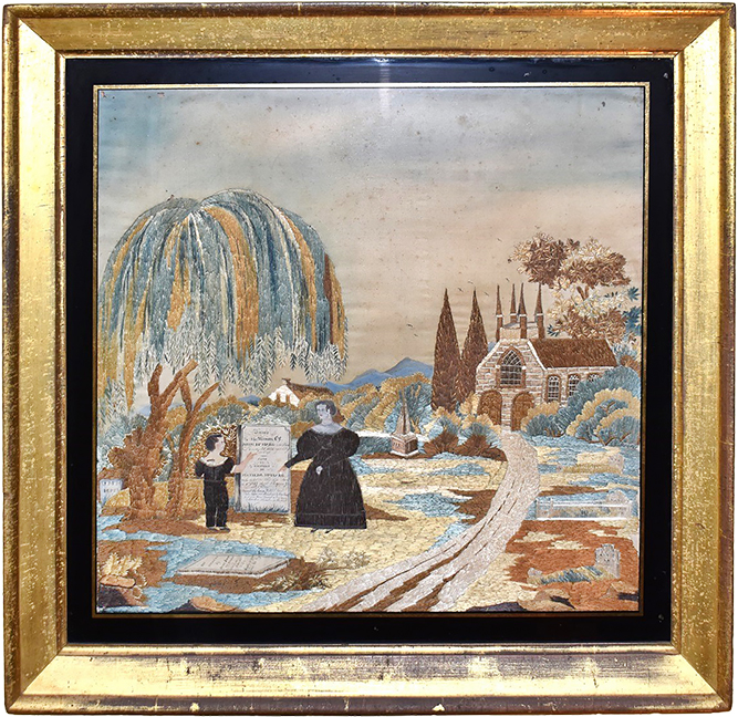 Folk Art Mourning Needlepoint &ldquo;McHard Family,&rdquo; c. 1830, H. 25