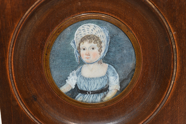 Rare folk art w/c portrait of a child w/blue bonnet, 19th C., 2