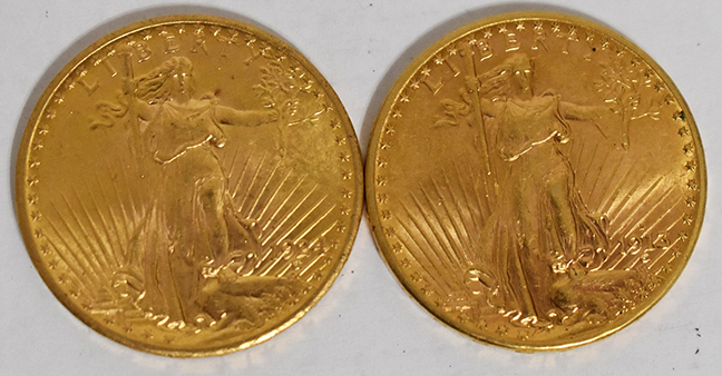 Lot (2) U.S. Saint Gaudens 20 Dollar Gold Coins 1913-D, 1924
