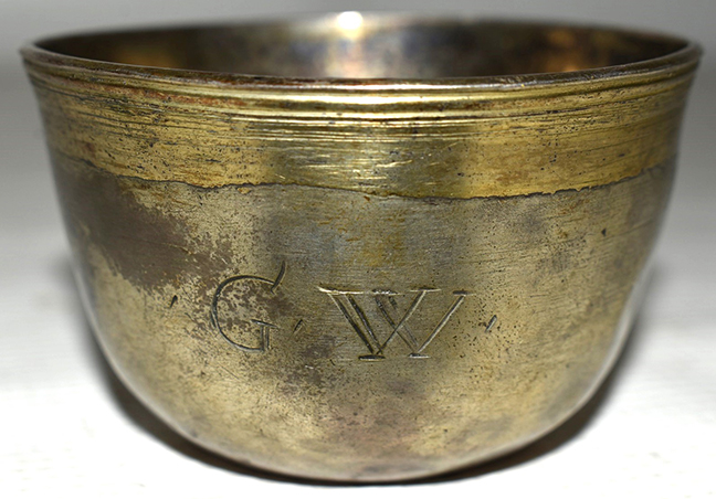 Colonial Silver/Gold Camp Cup w/Initials “G.W.” Hallmarked Zig-Zag, C.W. & Unknown Image, 18th century, H. 1¾