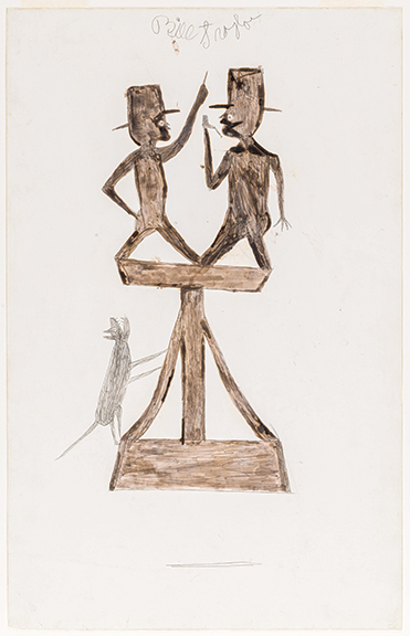 Bill Traylor (1854-1949), Two Men on a Pedestal, gouache and graphite on cardboard, probably Montgomery, Alabama, 1939-42. Museum purchase, 1983-201.1. Photo courtesy the Art Museums of Colonial Williamsburg.