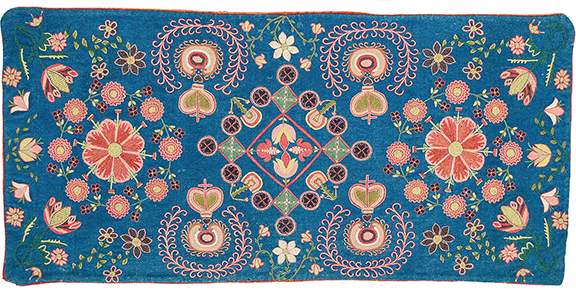 Embroidered agedyna (bench cushion), 19th century, Scania, Sweden, with a blue ground, polychrome segmented medallions, hearts, crosses, and floral motifs. Collection of Wendel and Diane Swan. 