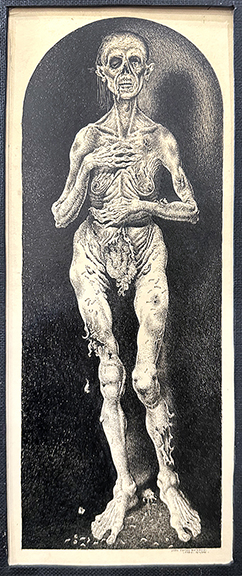 Bradley M. Bloom of The Gryphon’s Nest, Kalamazoo, Michigan, offered this highly detailed pen-and-ink grotesque anatomical drawing of a human body, tagged $1200. Obviously by the hand of a skilled artist, the work dates to the 1960s or ’70s and is signed “Juan Carlos Barberis - Cadiz - 13/11/355.” Measuring 17