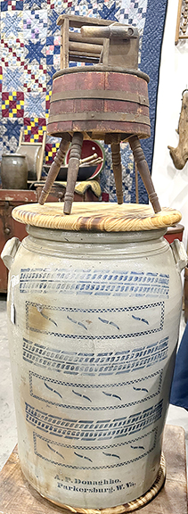 Wendy Norman of Pierson Station Homesteaders, Pierson Station, Illinois, has a knack for finding huge pieces of decorated stoneware. This salt-glazed crock by A. P. Donaghho of Parkersburg, West Virginia, with stenciled flourishes and “tire track” designs, 26