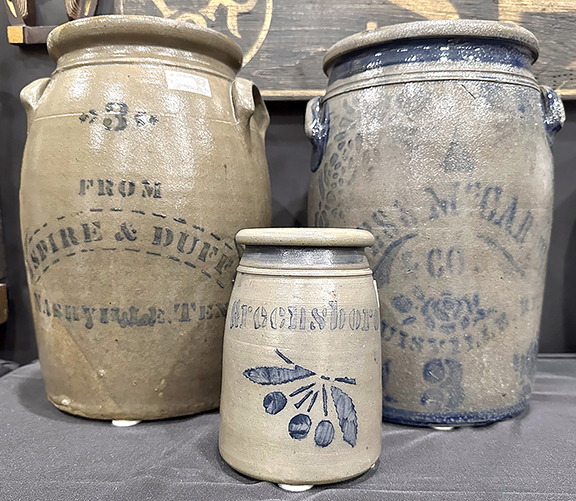 Described by David Sinclair of David Sinclair Antiques, Momence, Illinois, as “the rarest little piece they made,” the salt-glazed wax sealer canning jar by Hamilton & Jones of Greensboro, Pennsylvania, is decorated with a cobalt stripe and cherries. The 6¾
