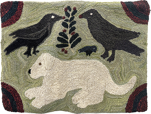 This folky hooked rug features a central dog and three crows eating berries. Measuring 29½