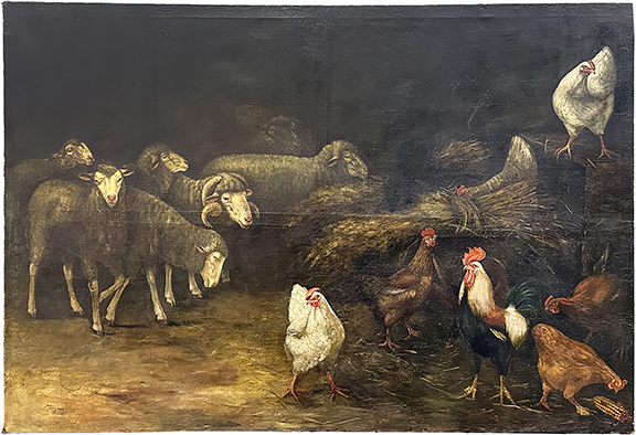 Kay Puchstein of American Heritage, Frankfort, Ohio, offered this Alfred Montgomery (1857-1922) oil on canvas painting depicting sheep and chickens inside a barn, with a lone ear of corn in the lower-right corner. Tagged $20,000, the work is signed and dated 1900 and measures 53½