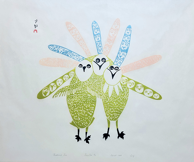 Lucy Qinnuayuak, Cape Dorset / Kinngait, 1915-1982, Feathered Trio, 1968, Stonecut