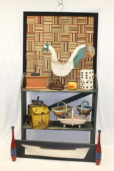 Wonderful eclectic collection of Folk Art & Antiques displayed on an antique painted bucket bench