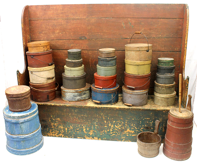 Wonderful late 18th- to early 19th-century settle bench in green paint shown with a sample of the MANY painted pantry boxes, buckets, & butter churn