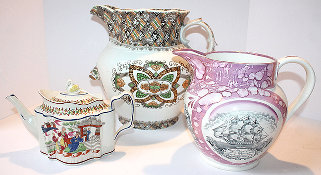  Wonderful pitchers, etc., including Sunderland Pottery pink lustre, large lug handled polychrome transfer decorative earthenware pitcher, and early 20th C. Pearlware teapot with swan finial.