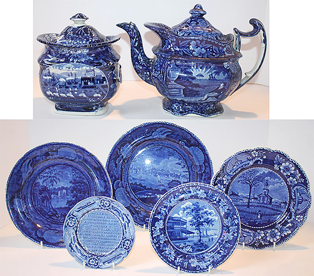 Showing a small sampling of the collection of blue decorated American Historical Staffordshire.