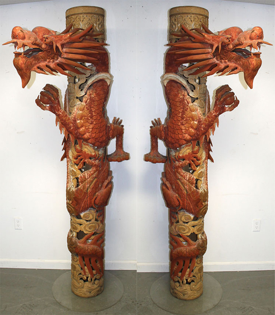 Impressive 6 ft. tall carved wood & painted dragons