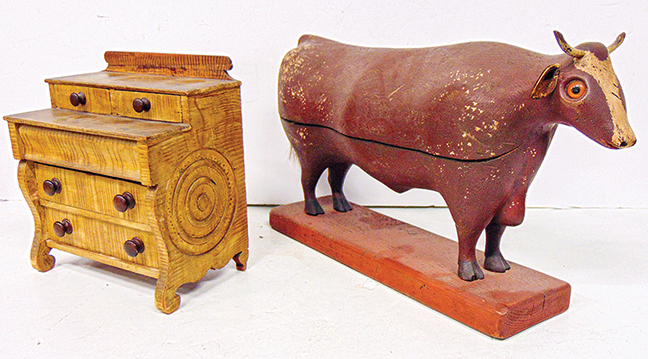 Folk art, cow by William Jauquet, painted miniature chest