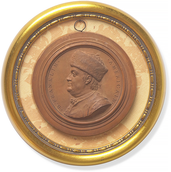 Jean-Baptiste Nini (Italian, 1717-1786), terra-cotta portrait medallion of Benjamin Franklin wearing a fur hat, signed and dated “Nini / F 1777” and dated again “1777,” with legend “B. FRANKLIN AMERICAIN,” medallion 45/8